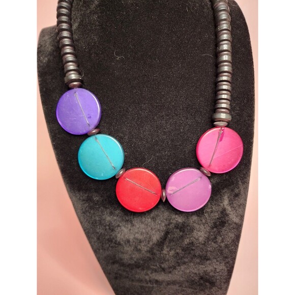 MULTICOLOR DISC BEAD SHORT BARREL CLAP CHOKER NECKLACE  BOHO RETRO COLORFUL 80'S - Picture 7 of 9